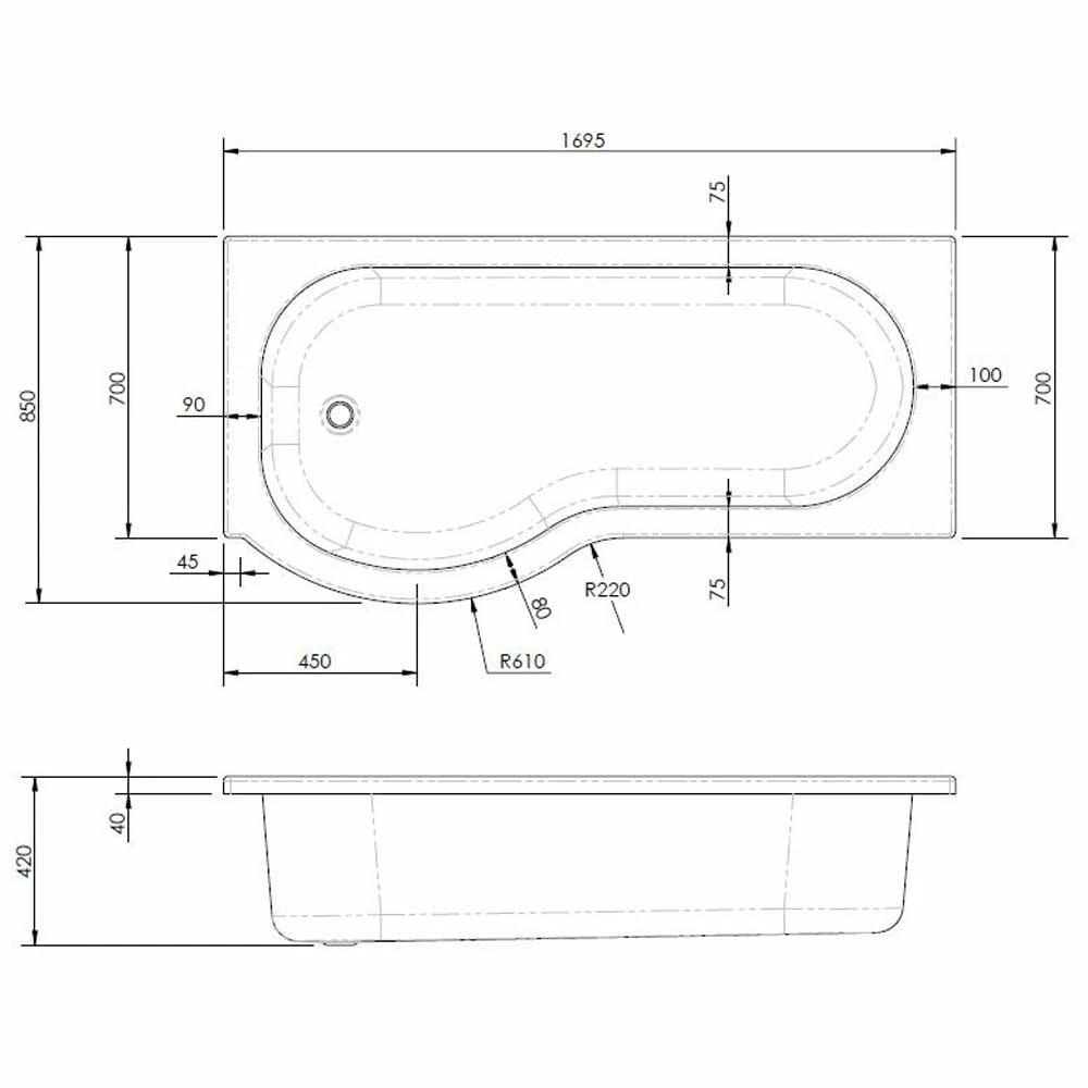 Nuie Curved P Shape 1700mm Shower Bath LH, Fixed Screen & White Panel 3 Nuie Curved P Shape 1700mm Shower Bath LH, Fixed Screen & White Panel - Image 3