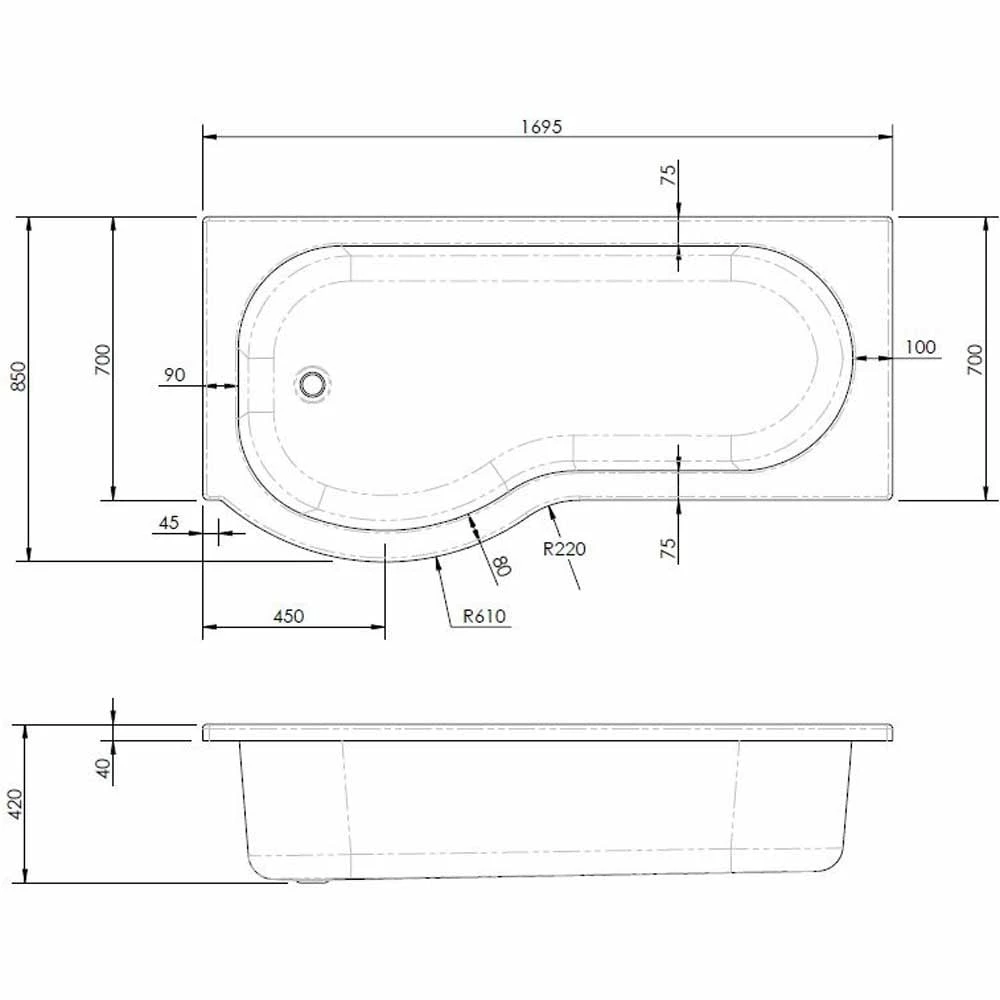 Nuie Curved P Shaped Single Ended Bath LH 1700x850x700 3 Nuie Curved P Shaped Single Ended Bath LH 1700x850x700 - Image 3