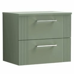 Nuie Deco Satin Reed Green 600mm Wall Hung 2-Drawer Vanity Unit & Worktop