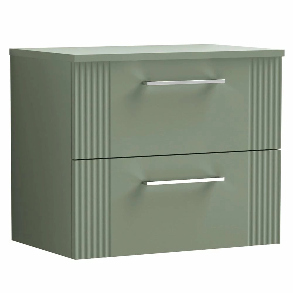 Nuie Deco Satin Reed Green 600mm Wall Hung 2-Drawer Vanity Unit & Worktop 1 Nuie Deco Satin Reed Green 600mm Wall Hung 2-Drawer Vanity Unit & Worktop