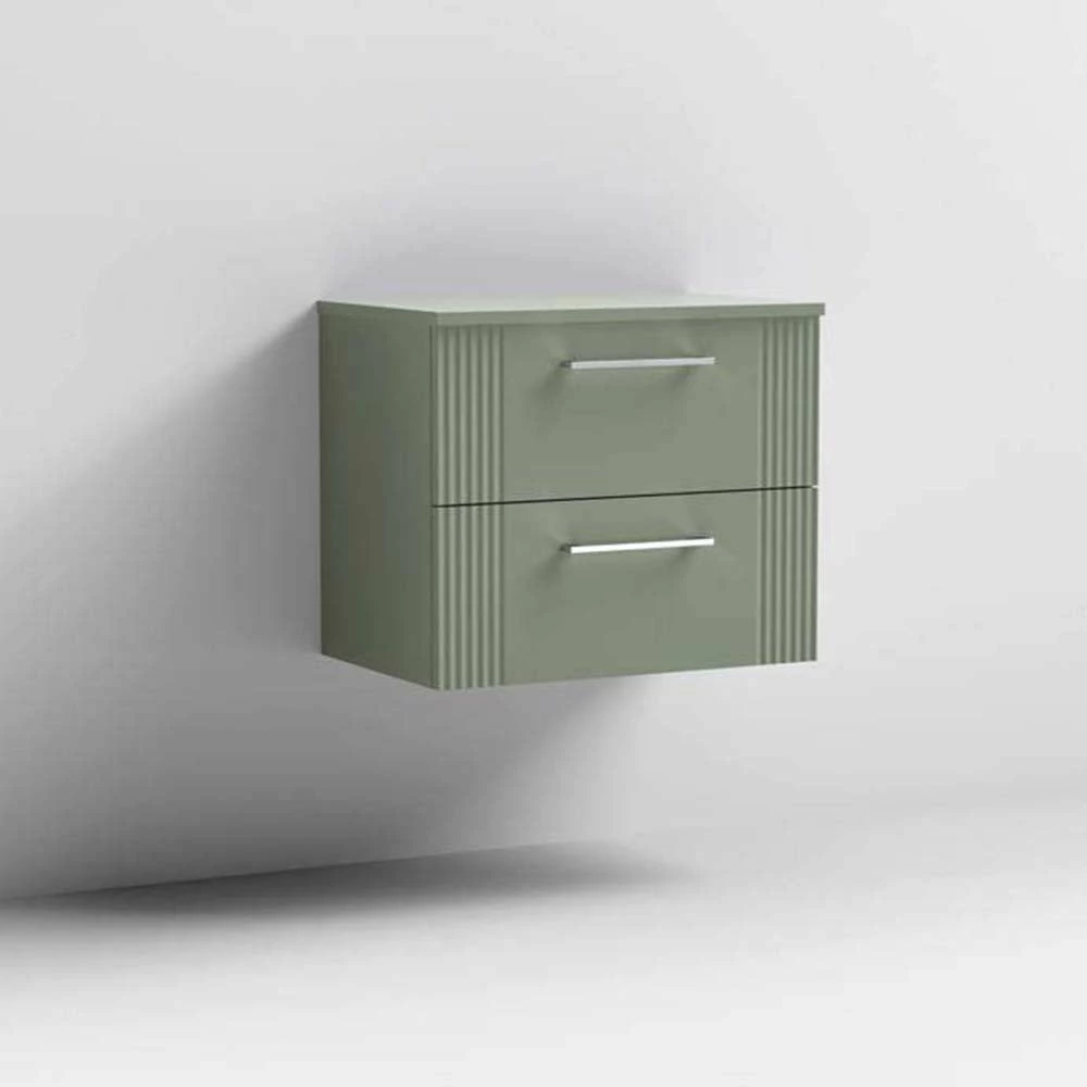 Nuie Deco Satin Reed Green 600mm Wall Hung 2-Drawer Vanity Unit & Worktop 2 Nuie Deco Satin Reed Green 600mm Wall Hung 2-Drawer Vanity Unit & Worktop - Image 2