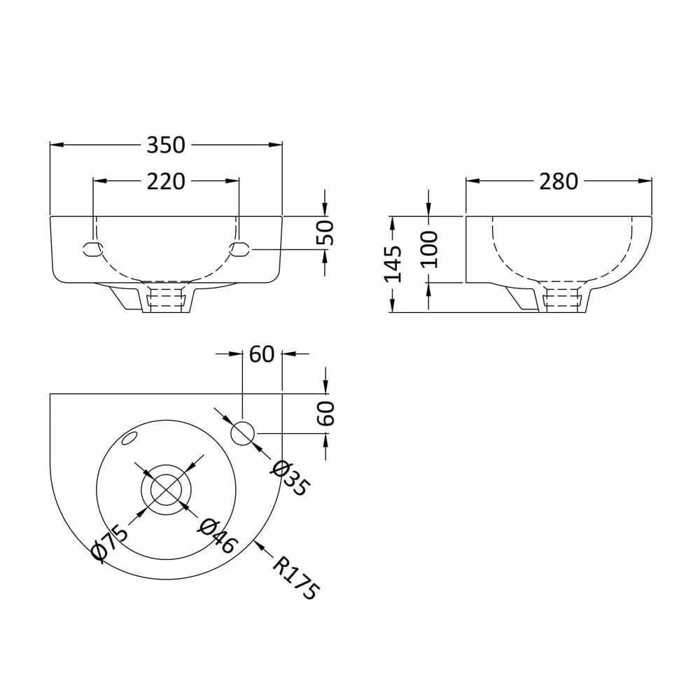 Nuie Melbourne 350x280 1th White Ceramics Wall Hung Round Basin NCU932 2 Nuie Melbourne 350x280 1th White Ceramics Wall Hung Round Basin NCU932 - Image 2