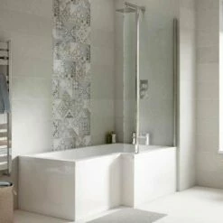 Nuie Square L Shape 1500mm Shower Bath RH, Fixed Screen & White Panel