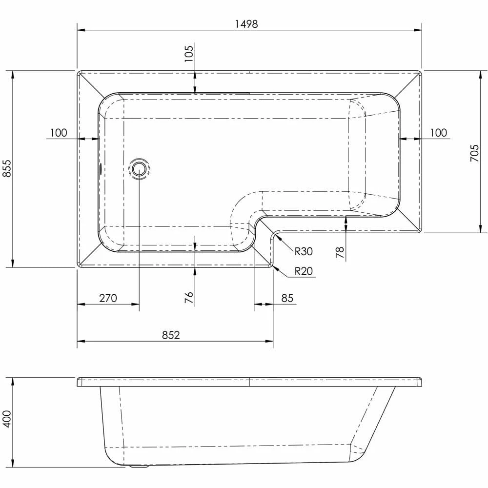 Nuie Square L Shape Single Ended Bath LH 1498x855x705 3 Nuie Square L Shape Single Ended Bath LH 1498x855x705 - Image 3