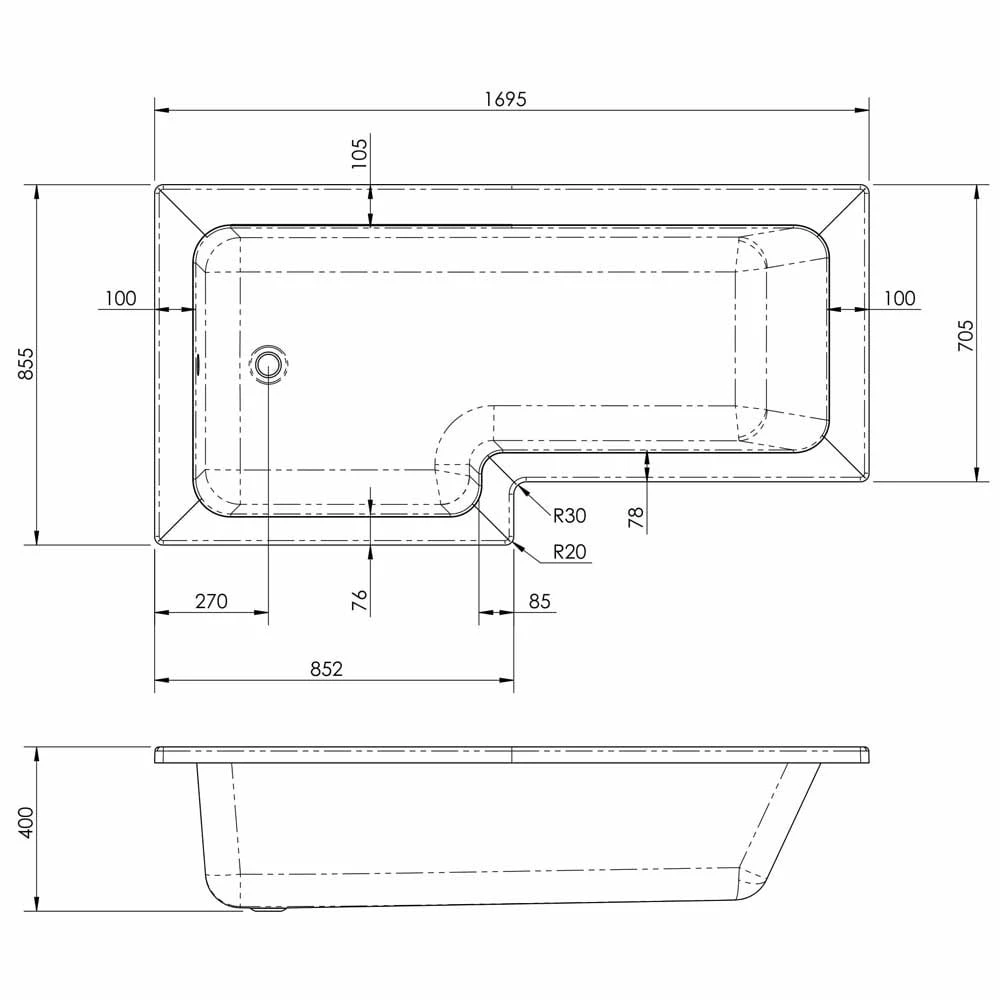 Nuie Square L Shape Single Ended Bath LH 1695x855x705 3 Nuie Square L Shape Single Ended Bath LH 1695x855x705 - Image 3