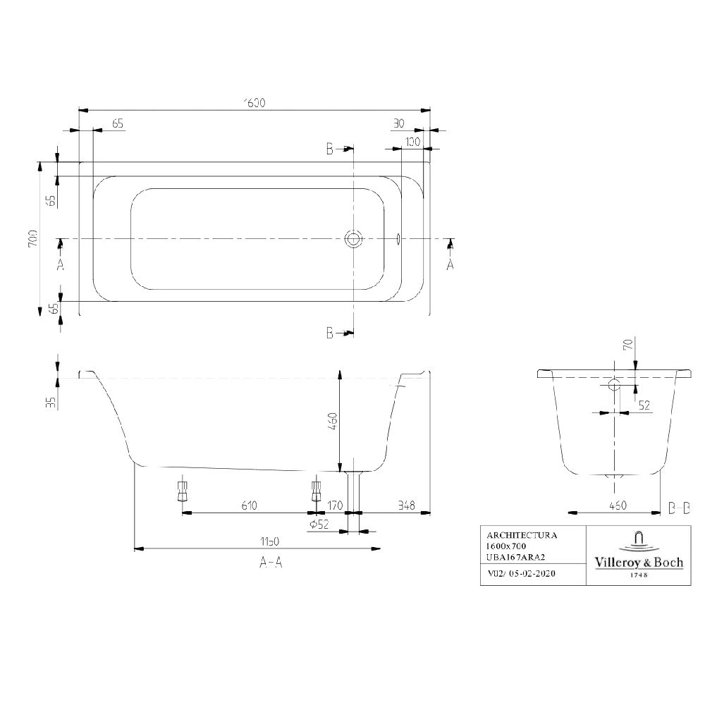 Villeroy & Boch Architectura Rectangular Bath Solo, Alpin, 1600x700 4 Villeroy & Boch Architectura Rectangular Bath Solo, Alpin, 1600x700 - Image 4