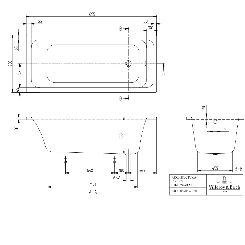 Villeroy & Boch Architectura Rectangular Bath Solo, Alpin,1700x750 4 Villeroy & Boch Architectura Rectangular Bath Solo, Alpin,1700x750 - Image 4